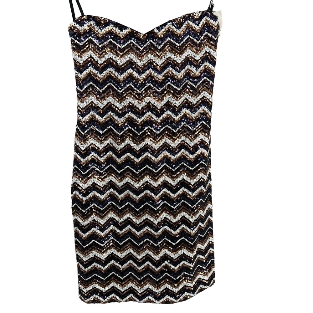 Strapless Sequin Dress Blue Gold Chevron Party Going Out Sparkly Med New‎